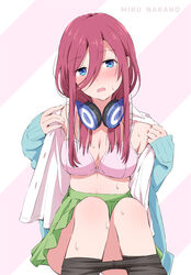  asou_(asabu202) blue_cardigan blue_eyes blush bra breasts brown_hair cardigan character_name cleavage commentary female go-toubun_no_hanayome green_skirt hair_between_eyes headphones headphones_around_neck legs long_hair long_sleeves looking_at_viewer medium_breasts midriff nakano_miku open_mouth pantyhose photoshop_(medium) shirt sitting skirt solo sweat thighs underwear undressing white_bra white_shirt 