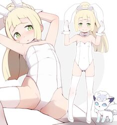  alolan_vulpix alternate_costume animal_ears arms_up bare_shoulders blonde_hair blush bow bowtie closed_mouth collar commentary_request detached_collar fake_animal_ears female garoudo_(kadouhan&#039;i) gloves green_eyes high_heels leotard lillie_(pokemon) long_hair multiple_views parted_lips playboy_bunny pokemon pokemon_(creature) pokemon_sm ponytail rabbit_ears simple_background smile strapless strapless_leotard thighhighs white_background white_bow white_collar white_footwear white_gloves white_legwear white_leotard 