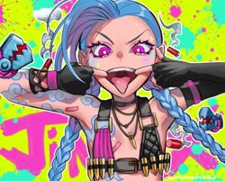  belt bikini_top blue_hair braid choker female fingerless_gloves gloves highres jinx_(league_of_legends) league_of_legends open_mouth pink_eyes solo spread_mouth tattoo tongue tongue_out twin_braids twintails upper_body uvula 