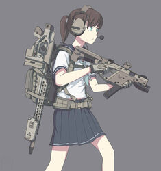  accuracy_international ai_ax_rifle aqua_eyes backpack bag black_bag black_gloves blue_neckerchief blue_sailor_collar blue_skirt bolt_action brown_gloves brown_hair buckle closed_mouth commentary_request etmc1992 feet_out_of_frame female flip-up_sight folding_stock from_side gloves grey_background gun headset holding holding_gun holding_weapon kriss_vector laser_sight looking_ahead magazine_(weapon) microphone muzzle_device neckerchief optical_sight original pleated_skirt ponytail profile rifle sailor_collar school_uniform serafuku short_sleeves simple_background single_stripe skirt sleeve_cuffs snap-fit_buckle sniper_rifle solo striped submachine_gun trigger_discipline two-tone_gloves weapon weapon_on_back webbing white_stripes 