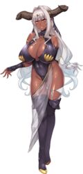  bracelets breasts dark_elf dark_skin demon_girl elf female full_body game_cg horns jewelry monster_girl muchimuchi_dekapai_mara_gui_maou-sama_to_onboro_yojouhan_dousei_seikatsu official_art orcsoft pointy_ears sian solo white_hair 