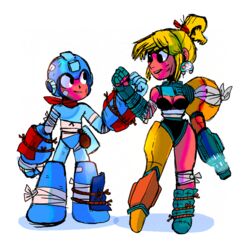  1boy animated arm_cannon armor bandages bandaid battle_damage blonde_hair bouncing_breasts breasts capcom cleavage clenched_hand crossover damaged drop_shadow earrings female friendship looking_at_another metroid metroid_(creature) nintendo pouch redesign respect robot rockman rockman_(character) rockman_(classic) rope samus_aran scar scarf shoulder_armor sparkle super_smash_bros. tied toonimated 