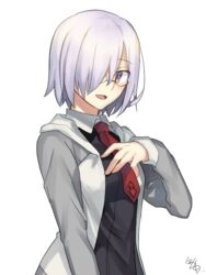  commentary_request cowboy_shot fate/grand_order fate_(series) female grey_hoodie hair_over_one_eye hand_on_own_chest hood hoodie looking_at_viewer mash_kyrielight necktie nikame purple_eyes purple_hair red_necktie short_hair solo white_background 