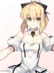  ahoge artoria_pendragon_(fate) bare_shoulders black_ribbon blonde_hair commentary_request cowboy_shot detached_collar detached_sleeves fate/grand_order fate/unlimited_codes fate_(series) female green_eyes hair_between_eyes hair_ribbon looking_at_viewer nikame ribbon saber_lily smile solo white_background 