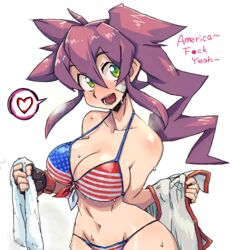  :d american_flag american_flag_bikini american_flag_print bandage_on_face bandages bikini black_bikini blush breasts cleavage commentary_request coso-ri english_text female fingerless_gloves flag_print gloves green_eyes hair_between_eyes heart large_breasts long_hair navel open_mouth original print_bikini purple_hair side_ponytail simple_background smile solo spoken_heart strap_gap swimsuit towel umizakura_tachimi unworn_shirt wet white_background 