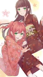  2girls blunt_bangs brown_hair brown_kimono commentary_request floating_hair floral_print gogi green_eyes highres japanese_clothes kimono kurosawa_dia kurosawa_ruby long_hair long_sleeves looking_at_viewer love_live! love_live!_sunshine!! mole mole_under_mouth multiple_girls obi pink_kimono print_kimono sash siblings sisters smile socks very_long_hair white_legwear wide_sleeves yukata 