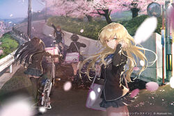  4girls arihara_tsubasa bag black_hair black_jacket black_skirt blazer blonde_hair blue_ribbon blurry blurry_foreground brown_hair cherry_blossoms cinderella_series commentary_request depth_of_field dress_shirt fingernails flower green_eyes hachigatsu_no_cinderella_nine hair_between_eyes hand_in_own_hair hand_up highres jacket kawakita_tomoe long_hair multiple_girls neck_ribbon nozaki_yuuki outdoors petals photoshop_(medium) pink_flower pleated_skirt pole railing ribbon road rolua school_uniform shinonome_ryo shirt short_hair shoulder_bag skirt tree very_long_hair watermark white_shirt 