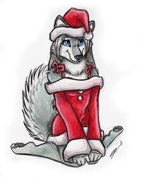  anthro biped blue_eyes canid canine canis christmas christmas_clothing christmas_headwear clothing costume female hat headgear headwear holidays kneeling mammal santa_claus santa_hat shiverz smile solo wolf 