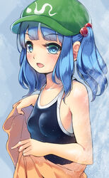  absurdres bare_arms bare_shoulders blue_background blue_eyes blue_hair blue_one-piece_swimsuit blunt_bangs blush breasts cabbie_hat collarbone commentary competition_swimsuit female green_hat hair_bobbles hair_ornament hat highres holding holding_towel kawashiro_nitori looking_at_viewer maremay0513 one-piece_swimsuit open_mouth short_hair sidelocks small_breasts solo swimsuit touhou towel twintails upper_body 