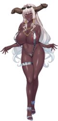  bracelets breasts dark_elf dark_skin demon_girl elf female full_body game_cg horns jewelry monster_girl muchimuchi_dekapai_mara_gui_maou-sama_to_onboro_yojouhan_dousei_seikatsu nipples official_art orcsoft pointy_ears sian solo swimwear white_hair 