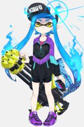  amatya aura baseball_cap bike_shorts black_hat black_shorts blue_hair blunt_bangs closed_mouth commentary cross-laced_footwear diffraction_spikes earrings eyes_visible_through_hair female full_body grey_background hat heavy_splatling_(splatoon) highres holding holding_weapon inkling inkling_girl inkling_player_character jacket jewelry light_frown logo long_hair looking_at_viewer no_legwear pointy_ears print_headwear print_jacket purple_footwear shoes shorts simple_background single_vertical_stripe sneakers solo sparkle splatoon_(series) splatoon_2 standing stud_earrings tentacle_hair weapon yellow_eyes zipper 