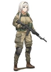  alternate_costume an-94 an-94_(girls&#039;_frontline) assault_rifle blue_eyes commentary english_commentary female full_body girls&#039;_frontline gloves gorka gun highres jpc knee_pads military military_uniform rifle smersh solo trigger_discipline uniform weapon white_background white_hair 