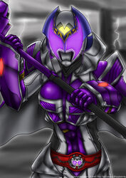  armor belt breasts commentary english_commentary female glowing glowing_eyes hammer helmet highres holding holding_hammer holding_weapon kamen_rider kamen_rider_dcd kamen_rider_kivala looking_at_viewer medium_breasts photoshop_(medium) purple_eyes solo weapon yuuyatails 