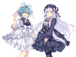  2girls ahoge altina_orion bangs bracelet cotsu dress eiyuu_densetsu green_eyes green_hair hairband hand_holding jewelry lolita_hairband long_hair long_sleeves millium_orion multiple_girls puffy_sleeves ring sen_no_kiseki short_hair short_sleeves simple_background smile white_background white_hair yellow_eyes 