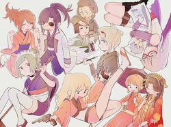  6+girls black_hair blonde_hair blush brown_hair catherine_(gintama) chibi closed_mouth dakimakura_(object) eevlll eyepatch gintama glasses japanese_clothes kagura kagura_(gintama) kijima_matako kimono long_hair multiple_girls object_hug open_mouth otose pillow pillow_hug ponytail sarutobi_ayame shimura_tae short_hair simple_background smile tama_(gintama) tokugawa_soyo tsukuyo_(gintama) umbrella 