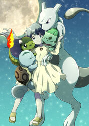  absurdres amber_(pokemon) ambertwo_(pokemon) blue_eyes blue_hair bulbasaur bulbasaurtwo charmander charmandertwo commentary_request dress fangs female flame-tipped_tail floating full_moon happy_tears highres holding holding_pokemon long_hair long_sleeves mewtwo miyabi_(miyabeeya) moon on_shoulder one_eye_closed pokemon pokemon:_the_first_movie_-_mewtwo_strikes_back pokemon_(anime) pokemon_(classic_anime) pokemon_(creature) pokemon_on_shoulder sky slippers smile squirtle squirtletwo starter_pokemon_trio tears yellow_dress 