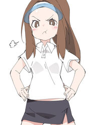  :t angry bad_id bad_pixiv_id black_skirt bright_pupils brown_eyes brown_hair commentary_request female high_ponytail ixy long_hair looking_at_viewer minamine_(ueno-san_wa_bukiyou) miniskirt pout short_sleeves side_slit skirt solo sportswear tennis_uniform ueno-san_wa_bukiyou white_background white_pupils 