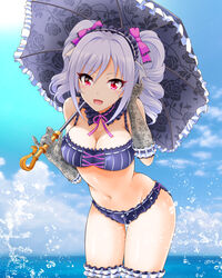  :d adjusting_hair bikini black_bikini black_gloves blush breasts cleavage cloud commentary_request day drill_hair eva_16-gouki female gloves grey_hair hair_ribbon hairband head_tilt highres holding holding_umbrella idolmaster idolmaster_cinderella_girls kanzaki_ranko large_breasts leaning_forward looking_at_viewer medium_hair navel open_mouth photoshop_(medium) purple_ribbon red_eyes ribbon smile solo splashing sun swimsuit thigh_gap thigh_strap twin_drills twintails umbrella water 