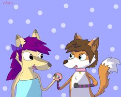  2018 accessory adeensarchus anthro blue_eyes bow_ribbon brown_eyes brown_hair canid clothed clothing collar dessert digital_media_(artwork) doughnut femboy food fur hair hair_accessory hair_ribbon hairbow luvini male mammal meep open_mouth pastry purple_hair ribbons simple_background smile 