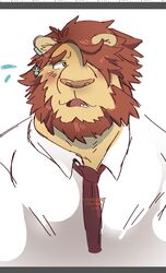  anthro beard blush bust_portrait clothing dress_shirt ear_piercing ear_ring embarrassed facial_hair felid hair hi_res hollowpup lifewonders lion male mammal mane mane_hair necktie oz_(tas) pantherine piercing portrait ring_piercing shirt solo tokyo_afterschool_summoners topwear 