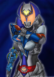  armor belt breasts commentary dagger dual_wielding english_commentary female glowing glowing_eyes helmet highres holding holding_dagger holding_knife holding_weapon kamen_rider kamen_rider_dcd kamen_rider_kivala knife looking_at_viewer medium_breasts orange_eyes photoshop_(medium) solo weapon yuuyatails 