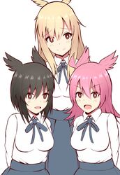  3girls :d absurdres artoria_pendragon_(fate) black_hair black_wings blonde_hair blue_ribbon blue_skirt blush breasts brown_wings casual closed_mouth collared_shirt commentary_request cosplay fate/grand_order fate_(series) feathered_wings hair_between_eyes head_wings highres hildr_(fate) long_hair looking_at_viewer matching_outfits medium_breasts mitchi multiple_girls neck_ribbon open_mouth ortlinde_(fate) pink_hair pink_wings pleated_skirt red_eyes ribbon saber_(fate) saber_(fate)_(cosplay) shirt simple_background skirt smile thrud_(fate) valkyrie_(fate) white_background white_shirt wings 