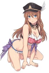  all_fours arched_back bare_arms bare_shoulders barefoot bikini black_choker black_headwear blue_eyes blush braid breasts brown_hair choker cleavage closed_mouth commentary_request detached_collar feathers female frilled_bikini frills full_body granblue_fantasy hat_feather large_breasts lecia_(granblue_fantasy) lecia_(summer)_(granblue_fantasy) long_hair looking_at_viewer pink_bikini polka_dot polka_dot_bikini purple_ribbon ribbon shiseki_hirame side_braid simple_background solo swimsuit white_background 