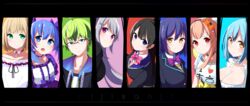  1st_generation_(nijisanji) 2boys 6+girls ahoge black_hair black_jacket blazer blonde_hair blouse blue_choker blue_eyes blue_hair blush bow bowtie breasts choker cleavage collarbone commentary detached_collar elu_(1st_costume)_(nijisanji) elu_(nijisanji) flower glasses green_eyes green_hair grey_hair hair_between_eyes hair_flower hair_ornament hairbow hairclip highres higuchi_kaede higuchi_kaede_(1st_costume) i_heart... jacket large_breasts long_hair long_sleeves looking_at_viewer looking_back moira_(nijisanji) mole mole_under_eye mole_under_mouth multiple_boys multiple_girls nijisanji okota_mikan open_mouth otoko_no_ko pink_bow puffy_short_sleeves puffy_sleeves purple_eyes red_eyes school_uniform shibuya_hajime shirt shizuka_rin shizuka_rin_(1st_costume) short_hair short_sleeves smile suzuya_aki suzuya_aki_(1st_costume) tsukino_mito tsukino_mito_(1st_costume) twintails upper_body very_long_hair virtual_youtuber white_shirt yellow_eyes yuuki_chihiro yuuki_chihiro_(1st_costume) 