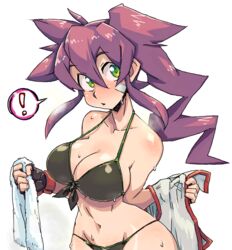  ! bandage_on_face bandages bikini black_bikini blush breasts chestnut_mouth cleavage commentary_request coso-ri female fingerless_gloves gloves green_eyes hair_between_eyes large_breasts long_hair navel original purple_hair side_ponytail simple_background solo spoken_exclamation_mark strap_gap swimsuit towel umizakura_tachimi unworn_shirt wet white_background 