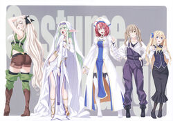  5girls ;) absurdres ahoge arms_up ascot ass black_legwear blonde_hair blush boots bracelet breasts bridal_gauntlets brown_hair cosplay costume_switch cow_girl_(goblin_slayer!) cow_girl_(goblin_slayer!)_(cosplay) dress elbow_gloves elf fingerless_gloves gloves goblin_slayer! green_eyes green_hair guild_girl_(goblin_slayer!) guild_girl_(goblin_slayer!)_(cosplay) habit hat high_elf_archer_(goblin_slayer!) high_elf_archer_(goblin_slayer!)_(cosplay) high_heels highres jewelry kannatsuki_noboru large_breasts long_hair long_skirt long_sleeves looking_at_viewer multiple_girls no_blindfold nun official_art one_eye_closed open_mouth overalls pelvic_curtain photoshop_(medium) pointy_ears ponytail priestess_(goblin_slayer!) priestess_(goblin_slayer!)_(cosplay) red_eyes red_hair sandals scan short_hair sidelocks skirt small_breasts smile standing strap_slip sword_maiden sword_maiden_(cosplay) thigh_boots thighhighs twintails two_side_up tying_hair veil very_long_hair vest white_footwear white_gloves white_veil 