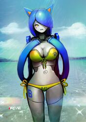  :3 animal_humanoid bikini biped blue_hair blue_kat_(psyk323) blush blush_stickers bra breasts cat_humanoid cleavage clothed clothing detailed_background doll_joints english_text felid felid_humanoid feline feline_humanoid female front_view green_clothing hair hair_over_eye hi_res humanoid looking_at_viewer machine mammal mammal_humanoid markings multicolored_eyes one_eye_obstructed orange_eyes outside panties pseudo_hair psyk323 robot robot_humanoid signature solo standing swimwear text text_markings underwear white_eyes 