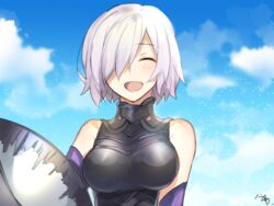  ^_^ bare_shoulders black_leotard blue_sky blush breasts closed_eyes cloud commentary_request day elbow_gloves facing_viewer fate/grand_order fate_(series) female gloves hair_over_one_eye halterneck happy large_breasts leotard light_particles lord_camelot_(fate) mash_kyrielight nikame one_eye_covered open_mouth outdoors shield short_hair signature sky smile solo straight_hair turtleneck white_hair 