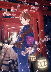  blue_kimono brown_hair butterfly_hair_ornament cherry_blossoms commentary_request female hair_ornament japanese_clothes kamisama-tachi_no_oisemairi kimono lantern long_hair looking_at_viewer looking_back low_ponytail multiple_torii na_(sodium) night obi official_art outdoors paper_lantern path red_eyes red_ribbon ribbon road sash sett solo standing striped_clothes striped_kimono torii vertical-striped_clothes vertical-striped_kimono very_long_hair wide_sleeves 