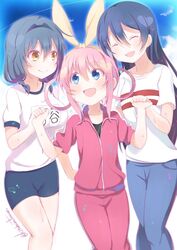  3girls :d ^_^ black_hair blue_eyes blue_hair breasts brown_eyes casual closed_eyes collarbone commentary_request crossover furutani_himawari girl_sandwich gym_uniform holding_hands kitahara_tomoe_(kitahara_koubou) large_breasts long_hair love_live! love_live!_school_idol_project mimori_suzuko multiple_crossover multiple_girls name_tag open_mouth pink_hair sandwiched sherlock_shellingford shirt signature smile sonoda_umi t-shirt tantei_opera_milky_holmes track_suit twitter_username voice_actor_connection yuru_yuri 