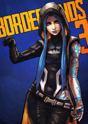  absurdres arm_tattoo belt black_leotard blue_background blue_eyes blue_hair blue_lips borderlands_(series) borderlands_3 breasts cleavage_cutout clenched_hand clothing_cutout commentary contrapposto cowboy_shot elbow_gloves english_commentary facial_tattoo female fist_bump gloves highres hood hoodie leg_tattoo leotard lips lipstick long_hair lowleg lowleg_pants makeup maya_(borderlands) monori_rogue nose pants photoshop_(medium) sidelocks single_elbow_glove siren_(borderlands) sleeveless sleeveless_hoodie small_breasts solo tattoo 