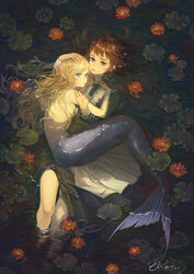  2girls afloat apron bare_arms black_dress blonde_hair blue_eyes breasts brown_hair chinese_commentary clothed_female_nude_female commentary_request dress expressionless flower from_above hand_on_another&#039;s_head hug interspecies iogi_(edrin_alfari) lily_pad long_hair long_sleeves looking_at_viewer looking_to_the_side lying lying_on_person maid mermaid mixed-language_commentary monster_girl multiple_girls nude on_back on_side orange_flower original partially_submerged pointy_ears red_lips sideboob signature small_breasts water water_lily_flower wavy_hair yuri 