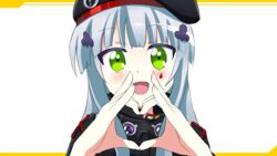  \m/ animated beret black_hat double_\m/ exteel_(njm0125) facial_mark female girls&#039;_frontline goggles goggles_around_neck green_eyes grey_hair hat heart heart_hands hk416_(girls&#039;_frontline) long_hair looking_at_viewer open_mouth parody sansha_san&#039;you solo teeth upper_body white_background 