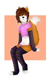  anthro armwear black_eyebrows black_nose border brown_hair canid canine clothed clothing digital_media_(artwork) dipstick_ears ear_markings eyebrows feet femboy fox fur hair heart_symbol hi_res inner_ear_fluff leggings legwear luiwiwi_(artist) luvini male mammal meep multicolored_body multicolored_ears multicolored_fur navel orange_background orange_body orange_fur orange_inner_ear_fluff panties shirt simple_background solo toes topwear tuft underwear white_border 