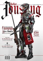  akira_(manga) anti-materiel_rifle armor barcode black_eyes black_hair blackletter breastplate breasts canon_(company) chainmail character_name citizen_(company) commentary company_name concept_art couter cover cuirass english_commentary english_text fake_magazine_cover fantasy faulds female full_body gauntlets gradient_background greaves grey_background grey_helmet gun half-closed_eyes helmet highres holding holding_gun holding_weapon inline_skates issn johnson_ting jousting knight layered_armor lips lipstick long_skirt long_sleeves looking_ahead looking_down magazine_cover makeup medieval mole mole_under_eye monster_energy motocross muzzle_device nose original pauldrons planted plate_armor realistic red_lips rifle roller_skates shoulder_armor single_couter single_pauldron skates skirt sniper_rifle solo sponsor standing urban_fantasy vambraces weapon white_background 