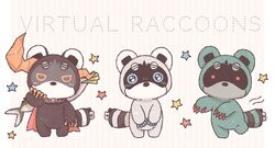  2019 anthro black_body black_fur blue_eyes english_text fur green_body green_fur grey_body grey_fur group humanoid_hands kurojirou male mammal procyonid raccoon rif_fraff shirojirou text vtuber 