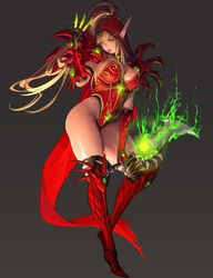  absurdres armor blonde_hair blood_elf_(warcraft) breasts commentary elf female gauntlets gem greaves green_eyes green_gemstone hearthstone highres hood hyulla knife large_breasts leotard long_hair pauldrons photoshop_(medium) pointy_ears ponytail rogue_(warcraft) shoulder_armor standing throwing_knife valeera_sanguinar warcraft weapon 