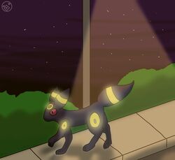  all_fours ambiguous_gender black_body black_fur canid delta&#039;s_art detailed_background digital_media_(artwork) eeveelution feral fur generation_2_pokemon mammal markings night nintendo plant pokemon pokemon_(species) shrub sky solo standing star street_lamp umbreon walking 