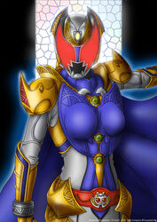  armor belt breastplate breasts cape commentary female full_armor gauntlets gloves glowing glowing_eyes gold_armor helmet highres kamen_rider kamen_rider_dcd kamen_rider_kivala medium_breasts photoshop_(medium) purple_cape red_eyes shoulder_armor tokusatsu translation_request yuuyatails 