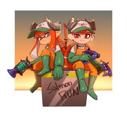  1boy artist_name baseball_cap boots closed_mouth commentary_request dapple_dualies_(splatoon) dual_wielding elbow_gloves female full_body gloves green_footwear green_gloves grey_eyes hat highres holding inkling inkling_girl inkling_player_character korean_commentary l-3_nozzlenose_(splatoon) lifebuoy long_hair octoling octoling_boy octoling_player_character ohil_(ohil822) orange_hair orange_overalls overalls pointy_ears red_eyes rubber_boots rubber_gloves salmon_run_(splatoon) short_hair sitting smile splatoon_(series) splatoon_2 swim_ring tentacle_hair 