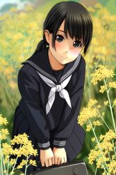  black_hair black_sailor_collar black_serafuku black_shirt black_skirt blurry blurry_background blush briefcase closed_mouth commentary_request day depth_of_field female field flower flower_field hair_between_eyes head_tilt highres holding leaning_forward long_sleeves looking_at_viewer low_ponytail matsunaga_kouyou neckerchief nose_blush original outdoors own_hands_together pleated_skirt ponytail rapeseed_blossoms sailor_collar school_briefcase school_uniform serafuku shirt skirt smile solo v_arms white_neckerchief yellow_flower 