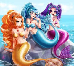  2019 adagio_dazzle_(eg) alternate_species aria_blaze_(eg) blue_hair breasts digital_media_(artwork) equestria_girls female gem group hair hasbro long_hair marine merfolk multicolored_hair my_little_pony navel open_mouth orange_hair outside purple_hair racoon-kun rock scaly_breasts sonata_dusk_(eg) split_form text twintails two_tone_hair url v_bangs water 