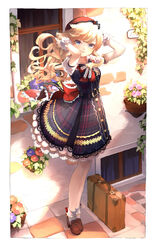  bad_id bad_pixiv_id bare_arms bare_legs blonde_hair blue_eyes breasts brown_footwear commentary_request dress female floating_hair flower full_body hand_in_own_hair hat highres idolmaster idolmaster_cinderella_girls long_hair looking_at_viewer ohtsuki_yui outdoors partial_commentary red_hat sanmon_(mekko0929) short_sleeves smile solo standing suitcase window yoyoyo_(dxayo) 