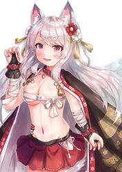  :3 :d animal_ear_fluff animal_ears azur_lane bandaged_arm bandages black_cloak blush breasts budget_sarashi cleavage cloak cocoasabure collar commentary_request cowboy_shot dog_ears female floating_hair flower flower_tattoo grey_hair groin hair_flower hair_ornament hand_up highres hip_vent large_breasts long_hair looking_at_viewer miniskirt nail_polish navel oerba_yun_fang official_alternate_costume open_mouth pleated_skirt red_eyes red_flower red_nails red_skirt sarashi shadow skirt smile solo standing stomach tattoo thick_eyebrows very_long_hair white_background white_flower yuudachi_(azur_lane) yuudachi_(shogun_of_snowballs)_(azur_lane) 