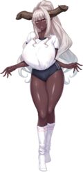  breasts dark_elf dark_skin demon_girl elf female full_body game_cg horns jewelry monster_girl muchimuchi_dekapai_mara_gui_maou-sama_to_onboro_yojouhan_dousei_seikatsu official_art orcsoft pointy_ears sian solo white_hair 