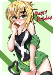  akatsuki_kirika bare_shoulders black_shirt blonde_hair blush breasts cleavage collarbone commentary_request female green_eyes green_shorts hair_between_eyes hair_ornament happy_birthday highres hood hoodie looking_at_viewer medium_breasts off_shoulder senki_zesshou_symphogear seshiro_(which501) shiny_skin shirt short_hair shorts solo standing tail tank_top thighhighs x_hair_ornament 